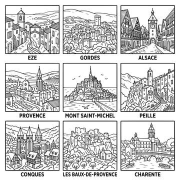 Collection of French Village Line Art Illustrations.
