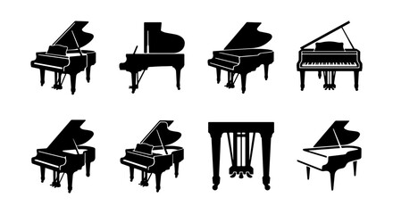 Grand Piano Silhouettes Collection, Musical Instrument Vector Icons Set, Elegant Black Keyboard Designs for Concert and Performance Graphics © Abdullah