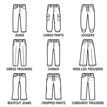 Collection of various types of pants and trousers for men and women.