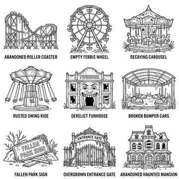 Collection of abandoned amusement park attractions in sketch style.