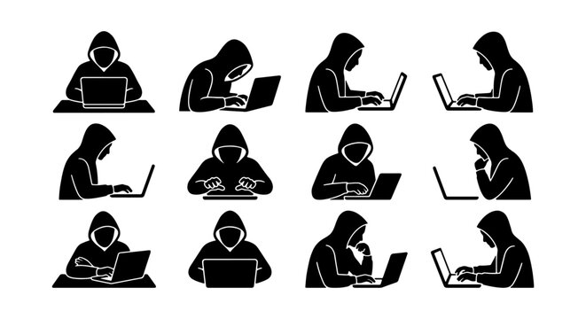 Cybersecurity Hacker Icons, Anonymous Coder Silhouettes, Digital Intruder Set, Computer Crime Vector Graphics