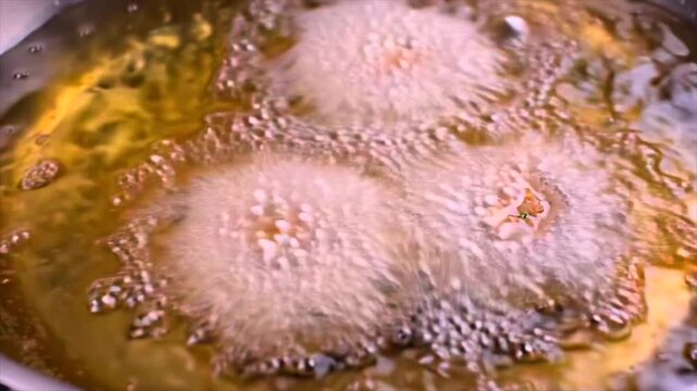 falafel mixture is scooped and dropped into hot oil where it forms round shapes and instantly bubbles, capturing frying process, texture development, and street food preparation in a dynamic close-up