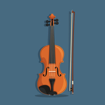 Elegant illustration of a violin and bow on a blue background, musical instrument.