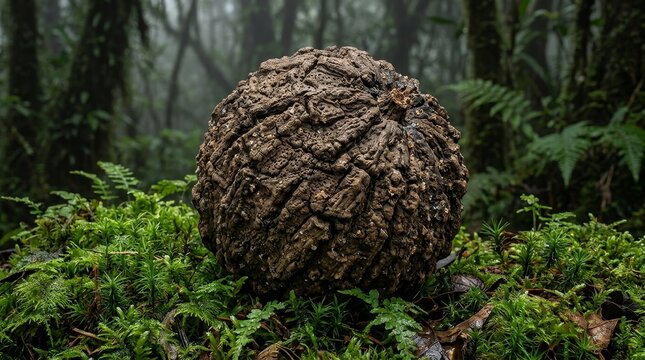 Wood apple macro close up on moss with cracked textured shell tropical fruit detail nature photography
