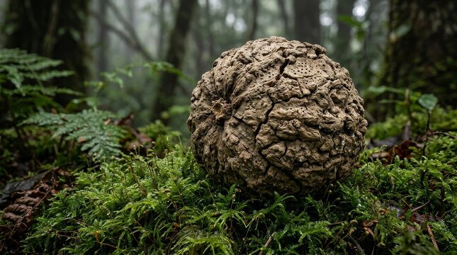Wood apple macro close up on moss with cracked textured shell tropical fruit detail nature photography
