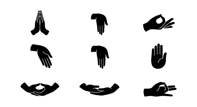 Hand Gestures and Spiritual Mudra Silhouette Set &ndash; Vector Icons for Meditation, Yoga, and Mindfulness