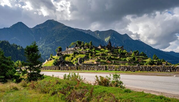 Ancient Inca Ruins Perched on a Lush Green Hillside Under Dramatic Clouds.