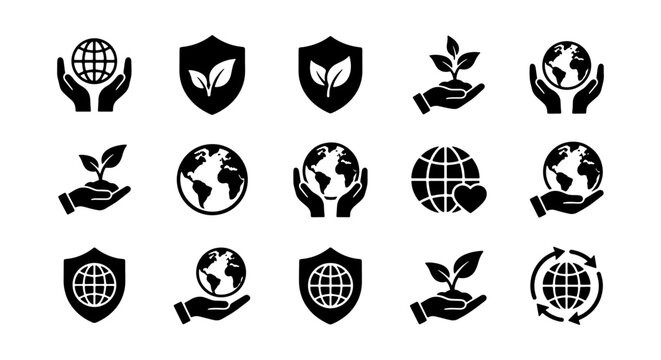 Environmental Protection and Global Ecology Icon Set &ndash; Vector Silhouettes for Sustainability, Nature Care, and Green Initiatives