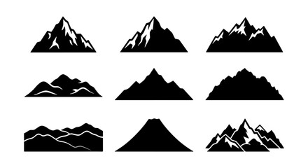 Mountain Silhouettes Collection, Diverse Peak Styles, Vector Graphics for Adventure and Nature Themes, Isolated Black and White Landscapes © Nusracct