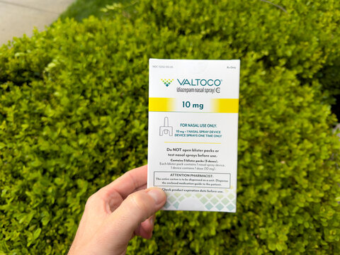 Valtoco Diazepam Nasal Spray Medication Box Held Outdoors