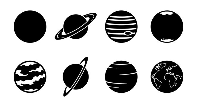 Cosmic Planets Vector Icons Set, Celestial Bodies & Earth Globe Graphics, Space Exploration & Astronomy Symbols, Black & White Silhouette Collection