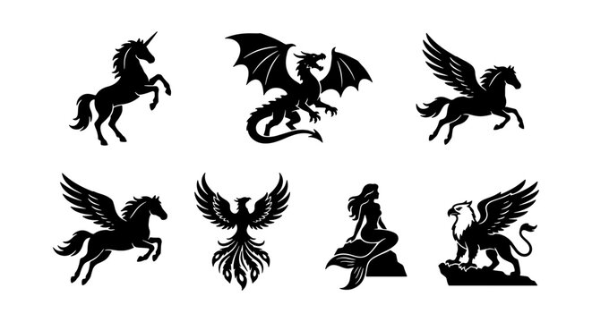 Mythical Creatures Silhouette Collection: Unicorn, Dragon, Pegasus, Phoenix, Mermaid, Griffin Vector Icons for Fantasy Design