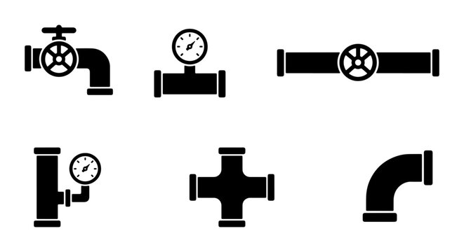 Plumbing Icons Set: Valves, Gauges, Pipes, and Fittings, Industrial Vector Graphics for Construction and Engineering