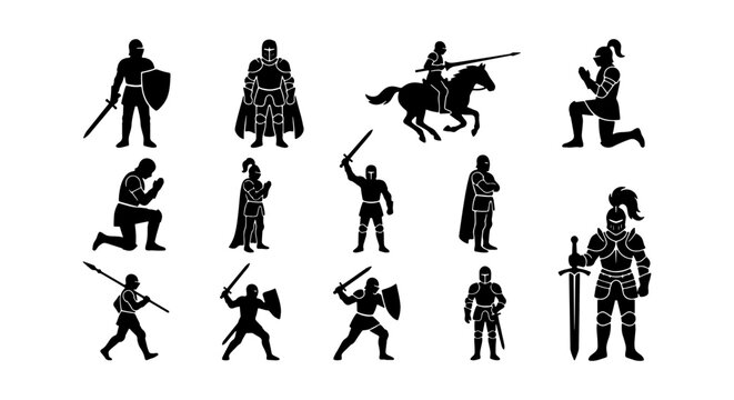 Medieval Knight Silhouette Set - Armored Warrior, Horseman, and Paladin Vector Illustrations