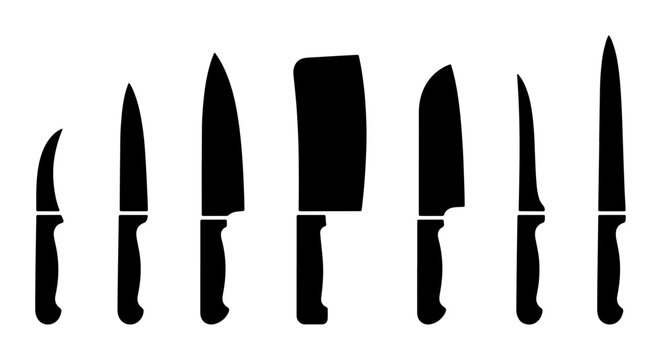 Vector Silhouette Set of Professional Kitchen Knives Featuring Chef Knife Cleaver Paring Knife and Bread Knife
