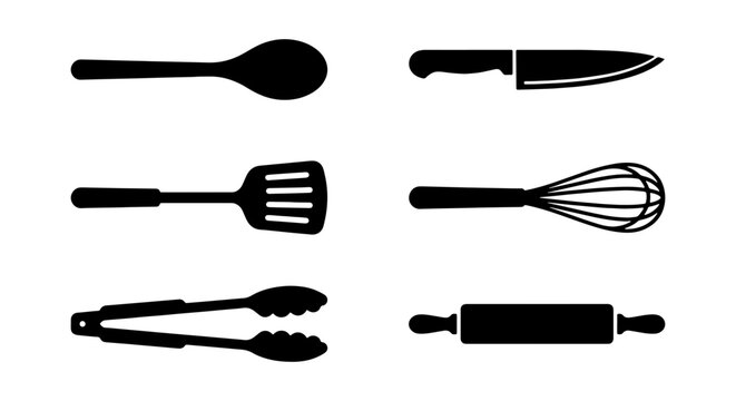Vector Silhouette Set of Kitchen Utensils Featuring Spoon Knife Spatula Whisk Tongs and Rolling Pin Icons