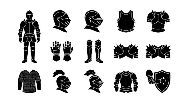 Vector Collection of Medieval Knight Plate Armor Silhouettes and Protective Gear Icons Isolated on White