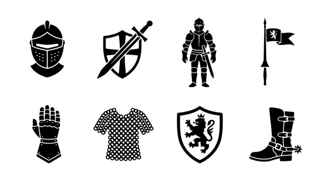 Medieval Knight Armor Icon Set Featuring Helmet Sword Shield Chainmail and Gauntlet Vector Silhouettes