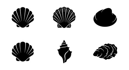 Set of Black Minimalist Seashell Silhouettes – Marine Life and Ocean Beach Vector Icons © Tasmia