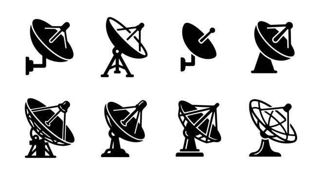 Set of Black Minimalist Satellite Dish and Parabolic Antenna Icons &ndash; Communication and Telecommunication Vector Symbols