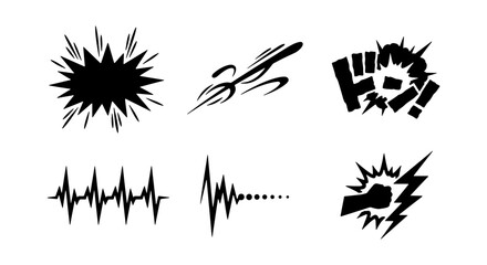 Set of Black Comic Style Action Elements Including Explosions Motion Lines and Punch Effect – Manga Style Vector Illustration © Tasmia
