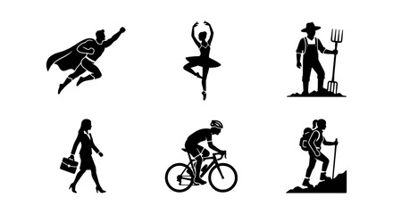 Set of Diverse People Silhouettes Representing Different Professions, Hobbies, and Activities – Vector Illustration © Tasmia