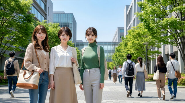 大学のキャンパスを背景に3人の女子学生が楽しそうに歩いている