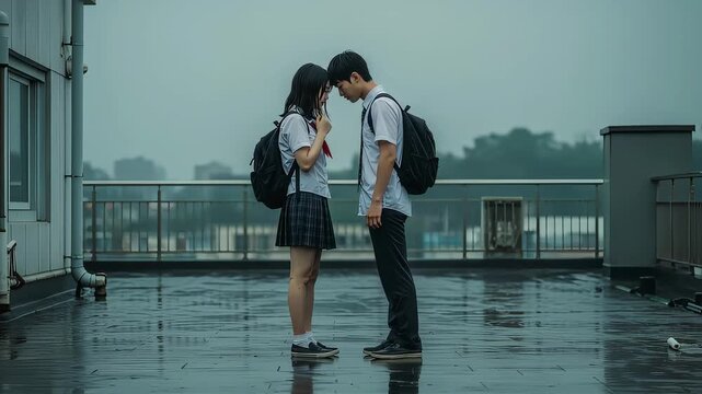 雨上がりの屋上、向き合い沈黙する制服姿の高校生カップル