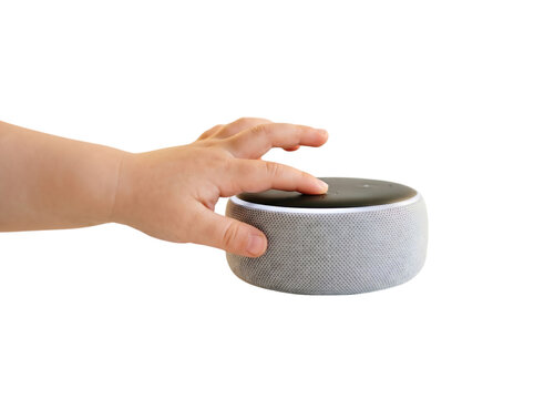 Hand interacting with a smart speaker on white background
