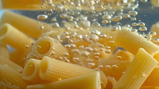 pasta enters boiling water as rapid bubbles surge around the surface, capturing turbulent motion, heat energy, and cooking process in an extreme macro food scene
