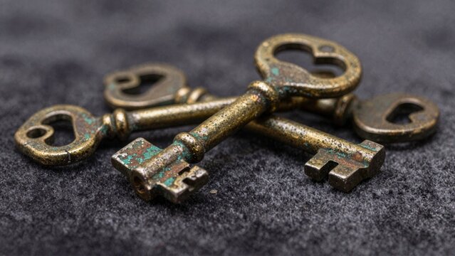 Vintage Antique Brass Keys on Dark Textured Background