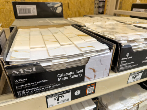 MSI Calacatta Gold Matte Subway Tile Display On Shelf At Home Depot