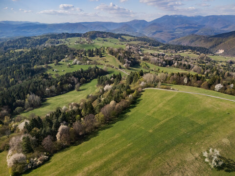 Aerial view of the Sajbica landscape with rolling green meadows, blooming spring trees, and dense forests under a blue sky with distant mountains in Lubietova, Banska Bystrica Region, Slovakia.