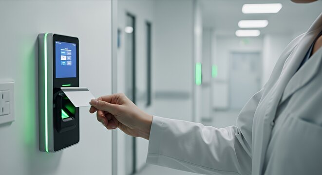 Doctor using access card on high-tech security system in hospital