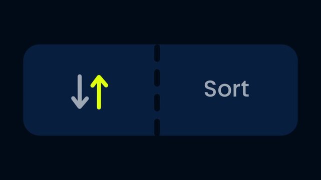 A sort feature button on a dark navy background with a yellow up and down arrows icon on the left and the bold white word Sort displayed on the right side
