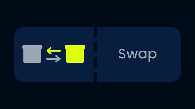 A swap feature button on a dark navy background showing two small box icons with arrows between them and the bold white word Swap displayed on the right side