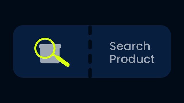A search product feature button on a dark navy background with a yellow magnifying glass icon on the left and the bold white words Search Product on the right