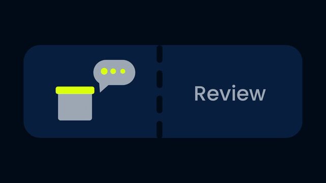 A review feature button on a dark navy background with a yellow comment speech bubble icon on the left and the bold white word Review on the right side