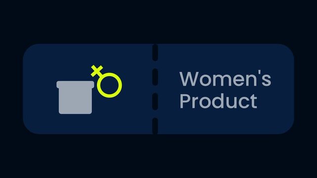 A women product feature button on a dark navy background with a female symbol box icon on the left and the bold white words Women Product on the right
