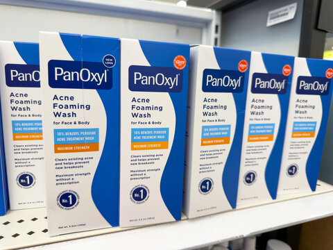 PanOxyl Acne Foaming Wash Boxes Displayed On Pharmacy Shelf
