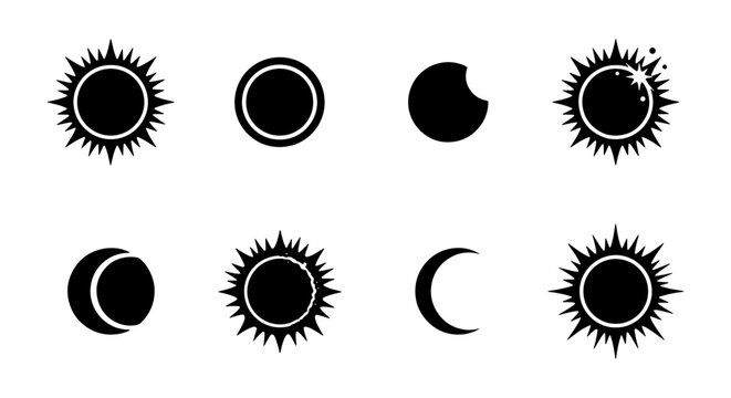 Solar and Lunar Eclipse Silhouette Set - Celestial Sun, Moon Phases, and Totality Event Vector Illustration Collection