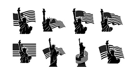 Statue of Liberty and American Flag Silhouette Set - USA Patriotic Symbols for Independence Day and National Holidays Vector Illustration © Tahmina