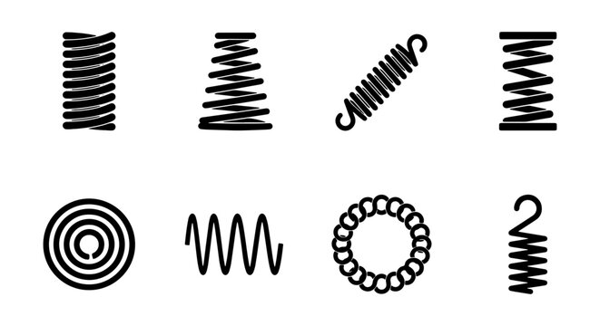 Metal Spiral Spring Silhouette Collection - Mechanical Coil, Tension, and Compression Hardware Vector Icon Set