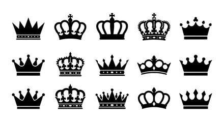 Naklejka premium Premium Royal Crown Silhouette Collection - Elegant King and Queen Tiara Vector Icons for Luxury Branding and Heraldry
