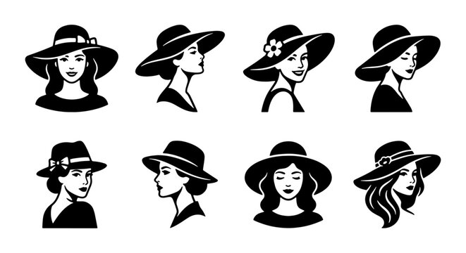 Set of Elegant Woman Portraits Wearing Stylish Summer Sun Hats and Fedoras for Fashion and Lifestyle Branding
