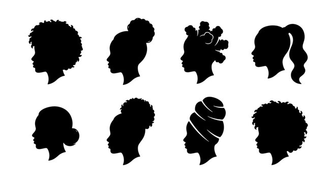 Set of Black Woman Profile Silhouettes with Natural Hairstyles Afro Braids and Head Wrap for Beauty Salon Branding