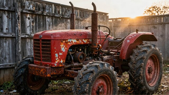 Vintage Red Tractor in Rural Farm Setting at Golden Hour
