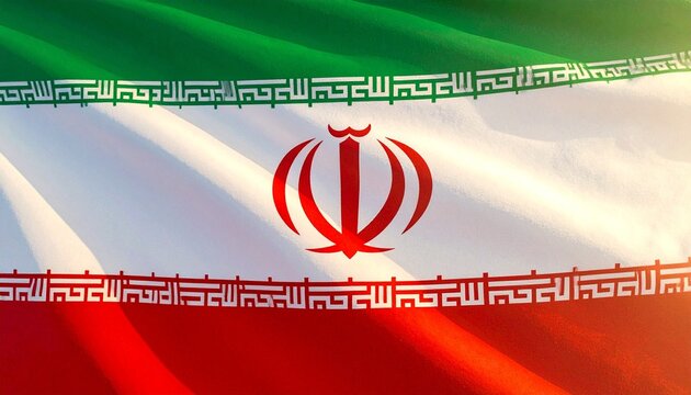 The Iranian flag waves with green, white, and red stripes, central emblem, and Kufic script borders, symbolizing national identity, Islamic heritage, and cultural pride.