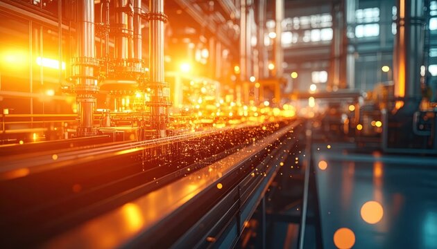 Automated Industrial Production Line with Glowing Machinery.