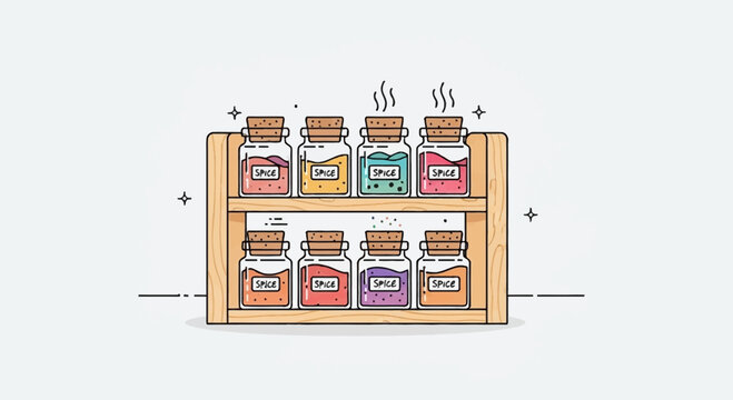 Spice Rack with Jars of Spices, Kitchen Decor, Culinary Ingredients, Food Seasoning